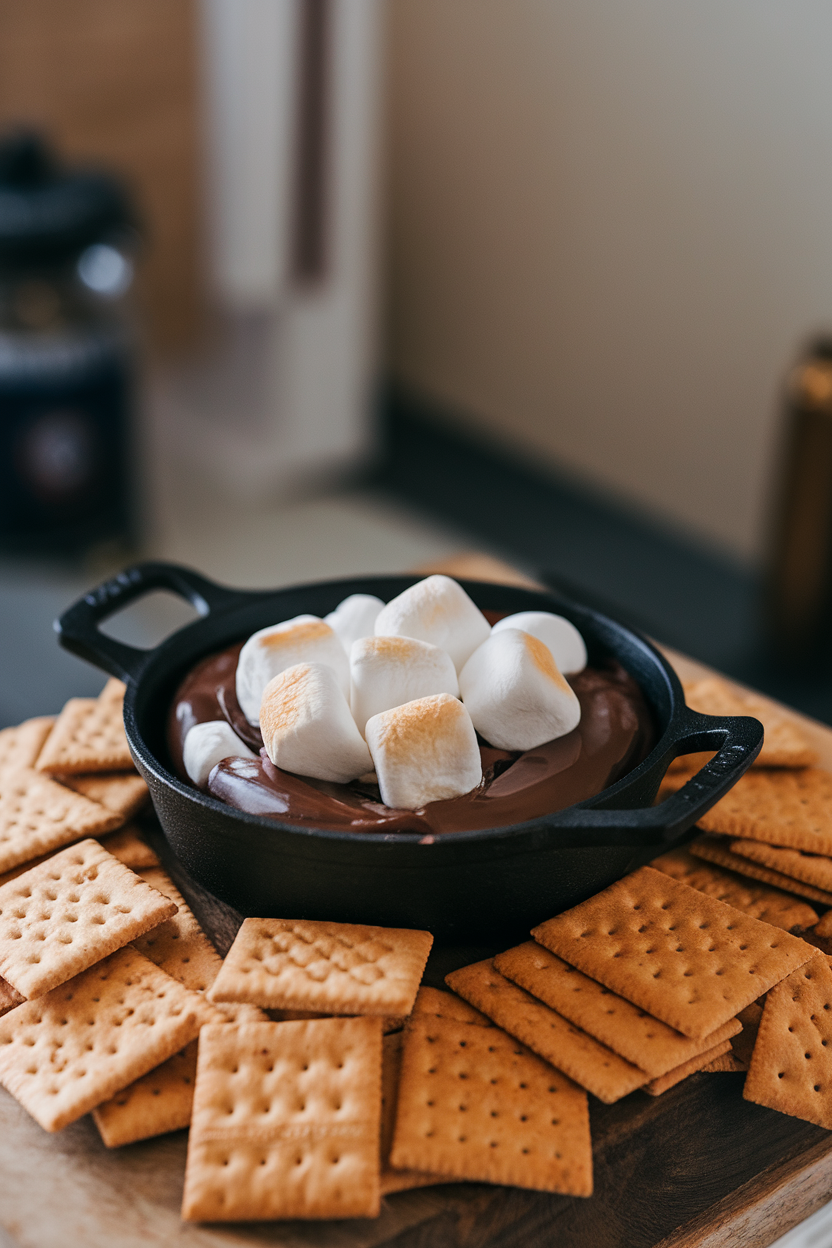 Indoor photo of a small cast-iron pan filled with melted chocolate and toasted marshmallows, surrounded by graham crackers. No logos or text present.