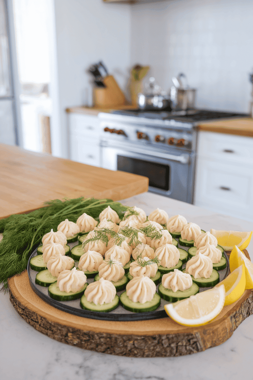 An indoor platter of cucumber rounds topped with piped herbed cream cheese and a sprinkle of dill; bright kitchen lighting, no text or logos. Photo, not illustration.