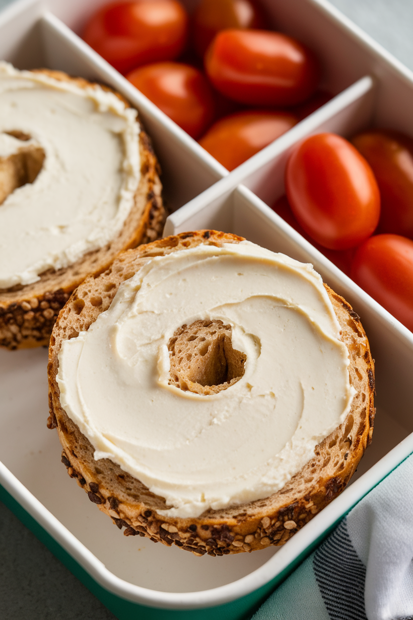 Close-up indoor photo of mini whole-wheat bagel halves, each spread with a swirl of plain cream cheese, nestled beside grape tomatoes in a divided lunch container. No text or logos anywhere in the frame; photo only.