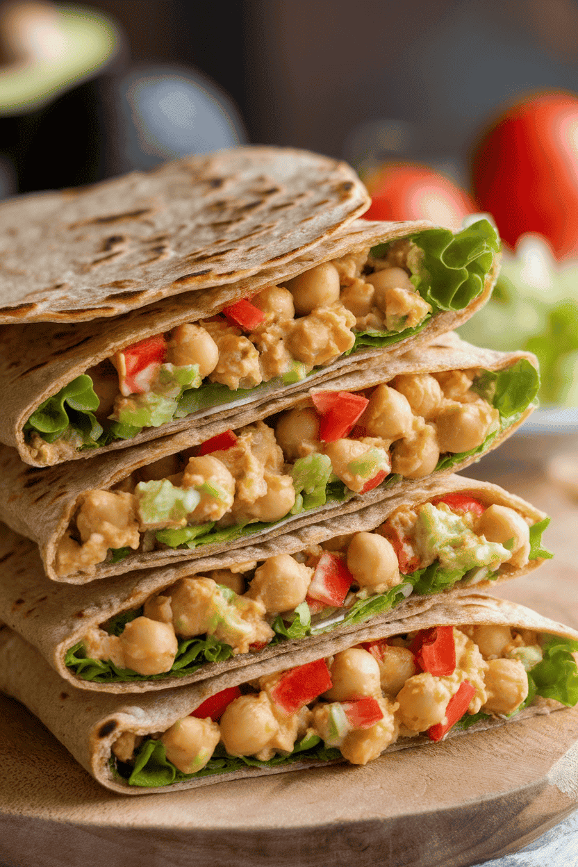 Indoor photo of whole-grain tortillas filled with mashed chickpea salad, lettuce, and diced bell pepper, cut diagonally and stacked. No logos or text.