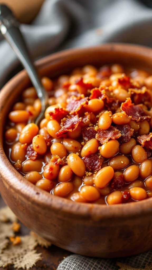 A bowl of baked beans topped with crispy bacon and brown sugar.