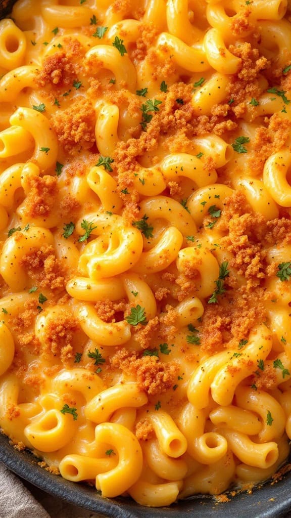 Baked macaroni and cheese with a crunchy topping.