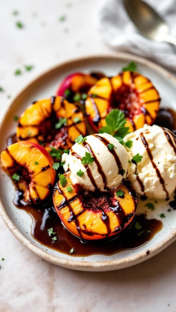 Grilled peaches drizzled with balsamic glaze and served with vanilla ice cream.