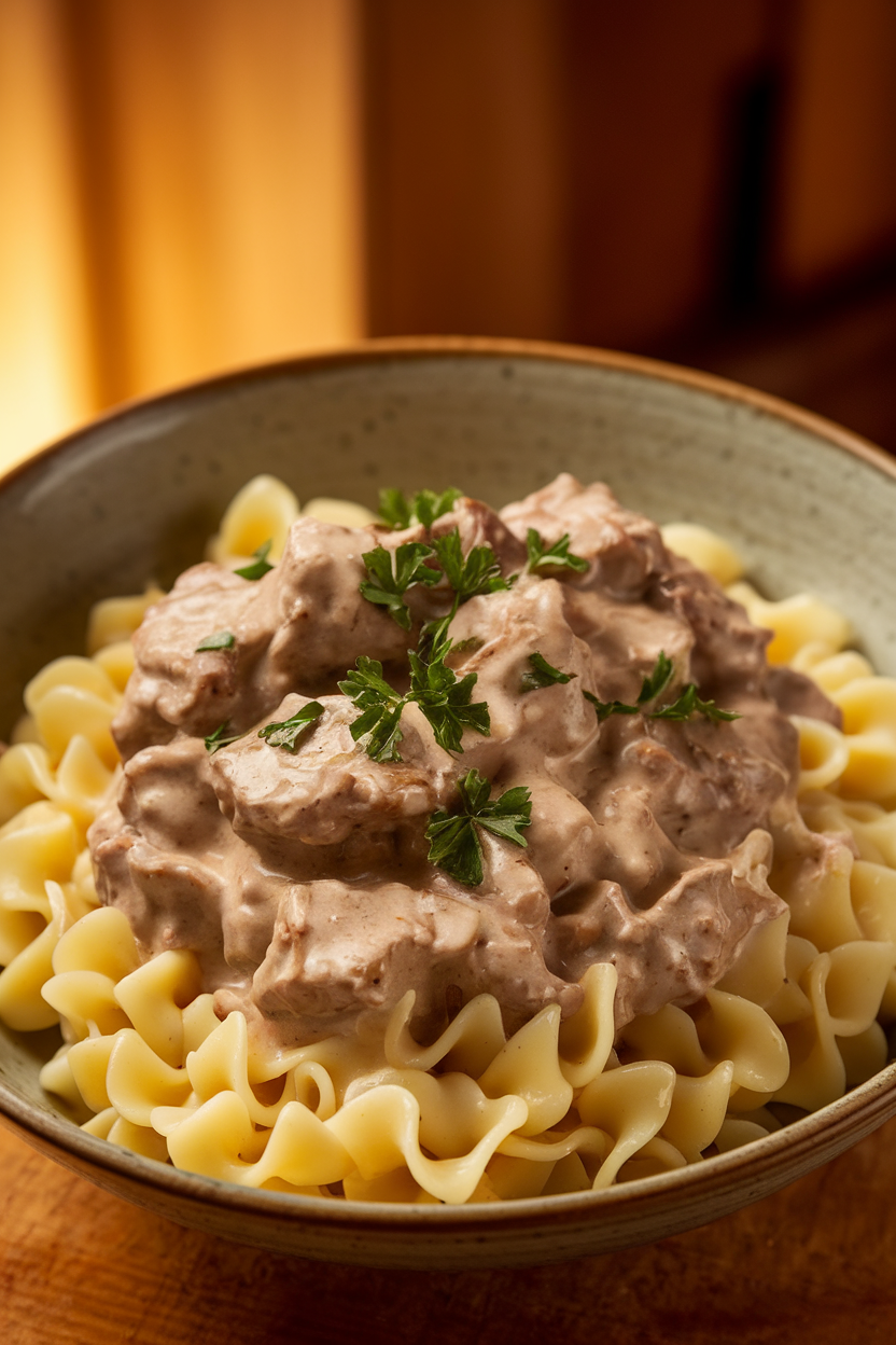 Indoor close-up of creamy beef stroganoff over egg noodles in a shallow bowl, garnished with parsley. Warm indoor lighting; no text or logos. Photo, not illustration.