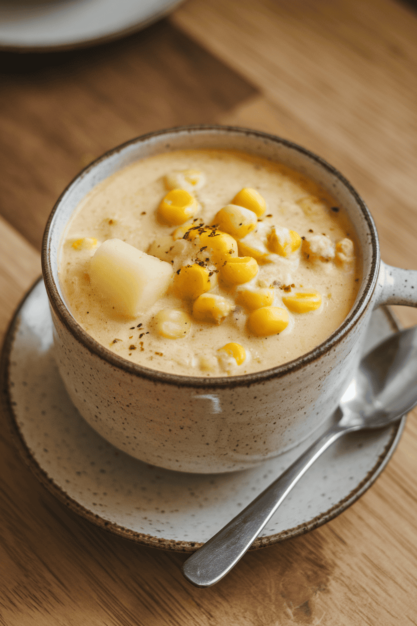 Indoor photo of a thick corn and potato chowder served in a mug, small spoon resting on a saucer. No logos on dishware.