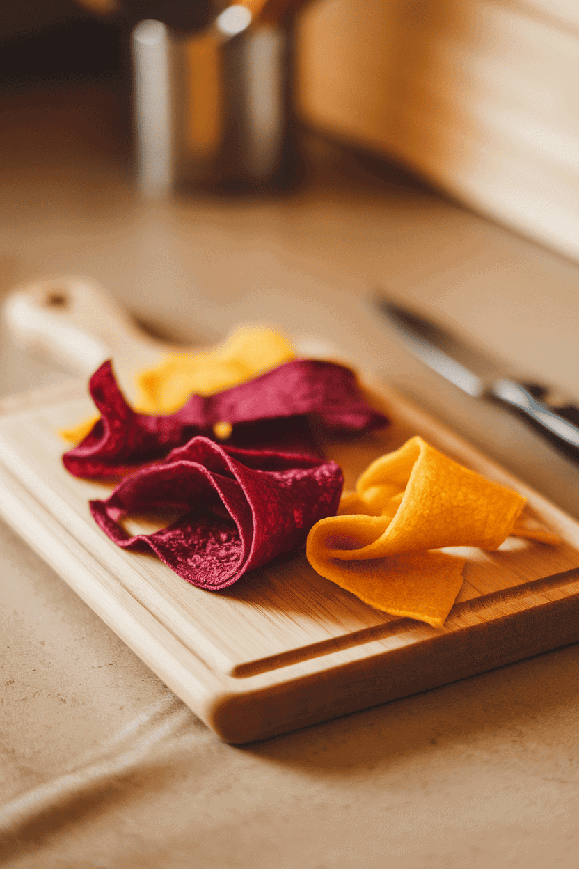 A wooden cutting board indoors holding several unfurled fruit leather strips in berry and mango hues. Warm side lighting, no text or logos, photo only.
