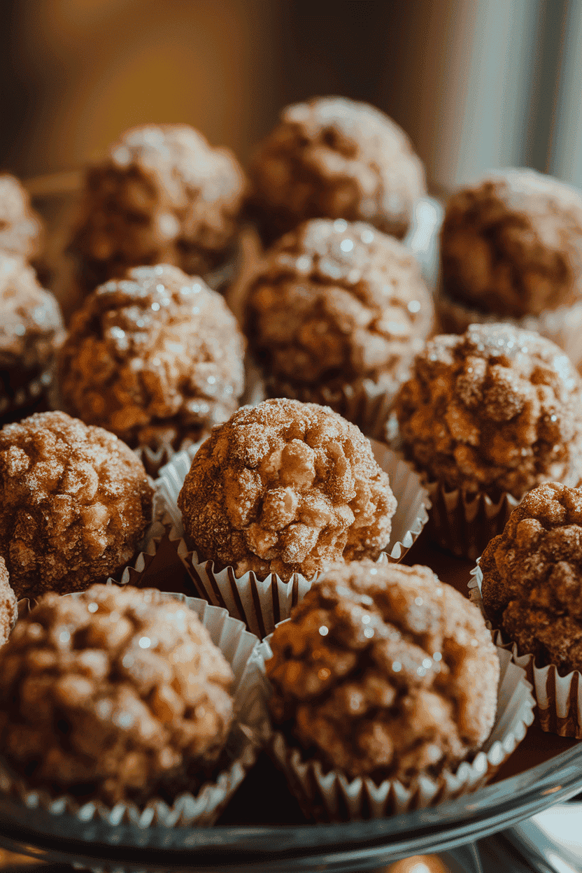 An indoor platter holding round popcorn balls coated in shimmering cinnamon sugar, each nestled in a paper cup. Warm, gentle lighting; no text or logos; photo, not illustration.