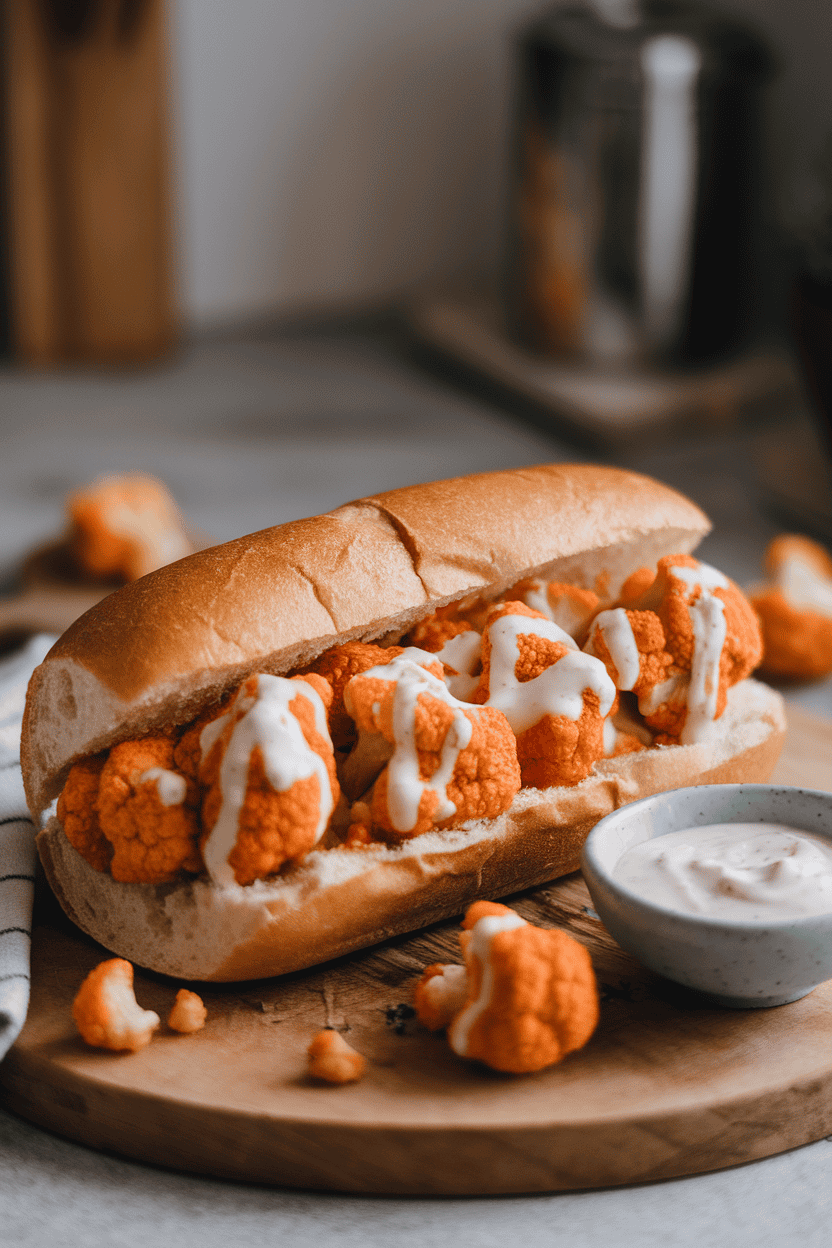 Indoor photo of a hoagie roll stuffed with buffalo-sauced cauliflower florets and a drizzle of ranch dressing. No branding, cozy light.