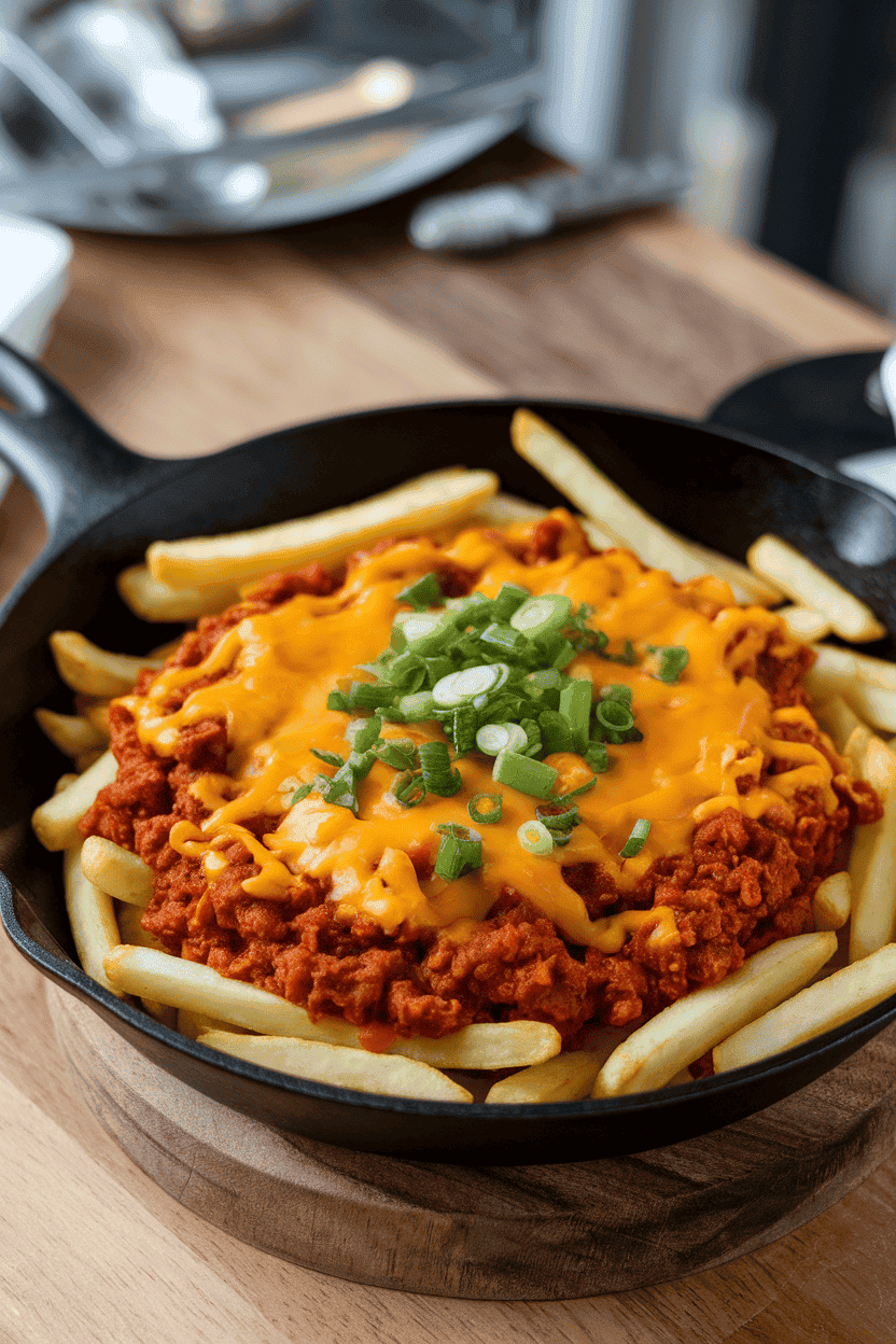 An indoor tabletop skillet piled with thick-cut fries smothered in hearty chili and melted cheddar, a sprinkle of chopped green onions on top. Photo, not illustration. No text or logos.