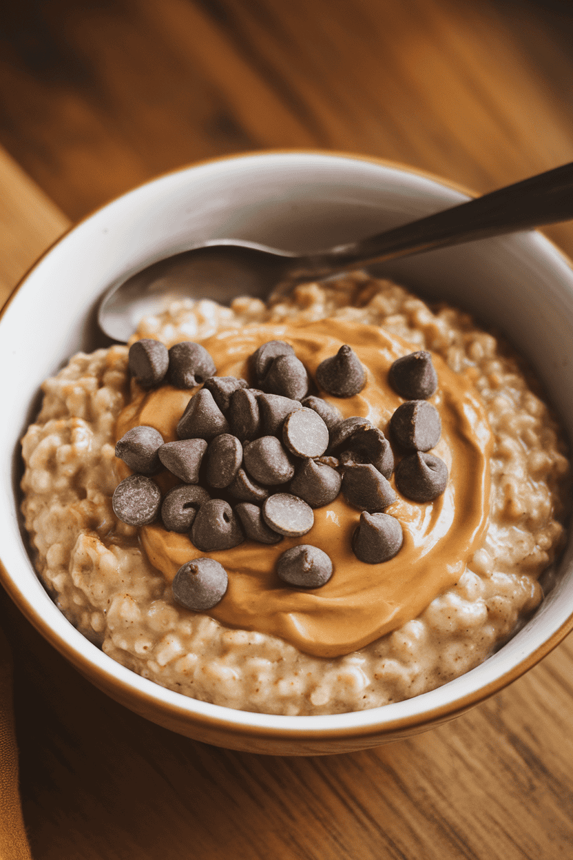 A hearty indoor bowl of oatmeal swirled with peanut butter and dotted with melting chocolate chips; spoon resting inside, no logos, warm lighting. Photo, not illustration.