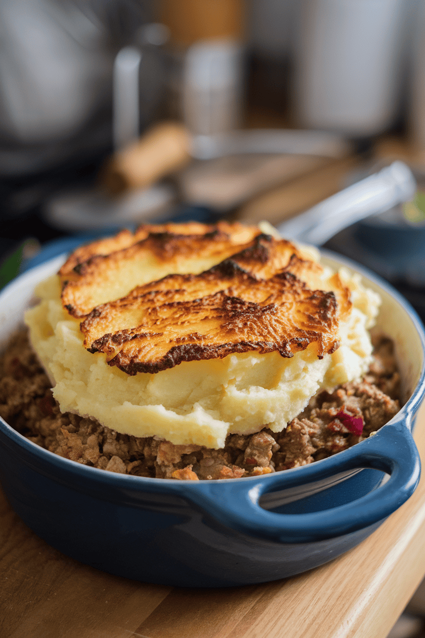 Indoor photo of a deep baking dish of shepherd’s pie, mashed potato topping browned and textured with a fork; no text or logos.