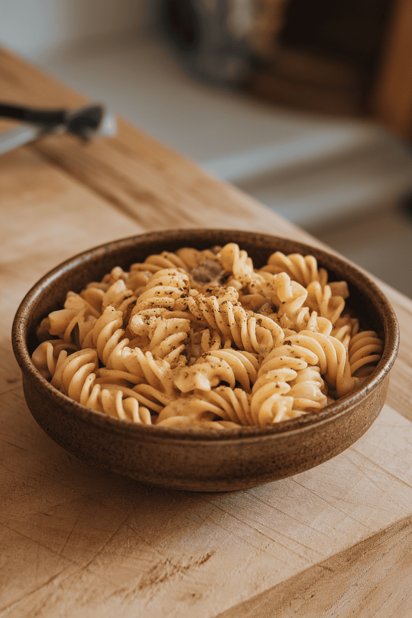 A ceramic bowl on an indoor butcher-block counter filled with twirled tonnarelli coated in a creamy Pecorino Romano and black-pepper sauce. Finely cracked pepper is visible on top. No text or logos. Photo, not illustration.