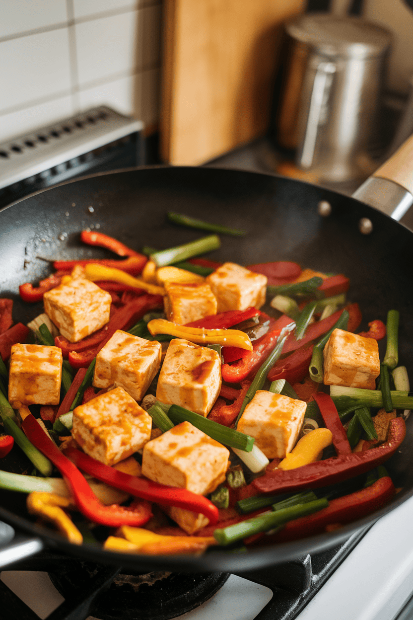 Indoor photo of a wok of colorful stir-fried vegetables and golden tofu cubes coated in light soy sauce glaze; no text or logos.