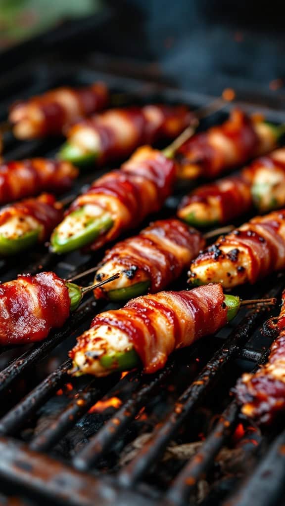 BBQ bacon-wrapped jalapeño poppers on a grill