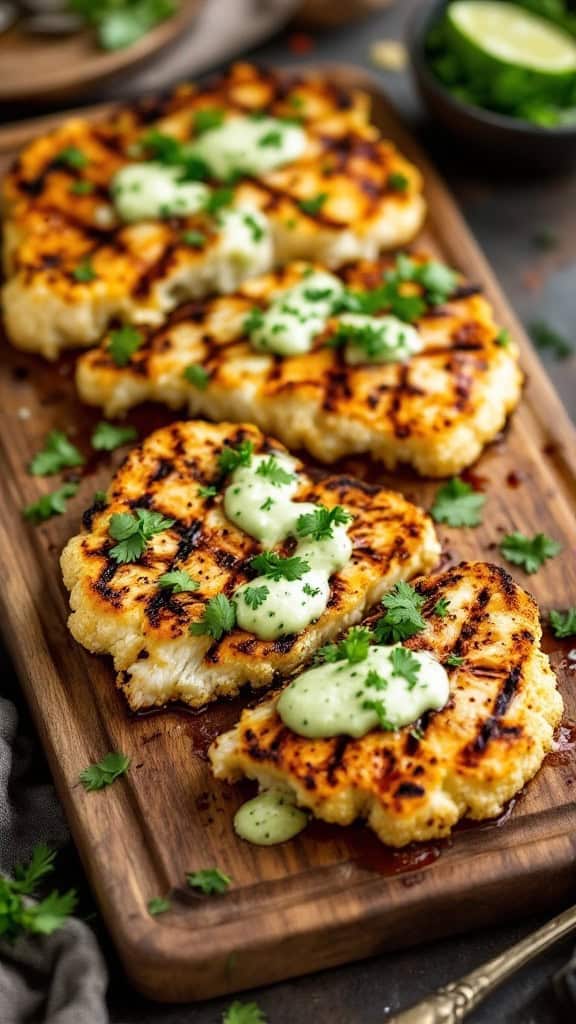 Grilled cauliflower steaks with chimichurri sauce and fresh herbs on a wooden platter.