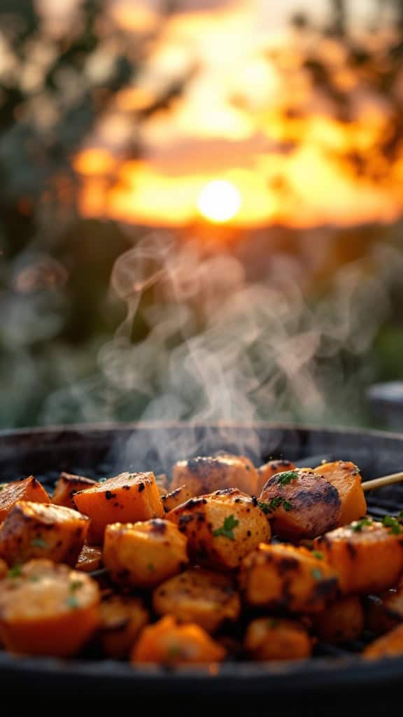 Grilled sweet potato cubes on skewers with smoke rising against a sunset backdrop.