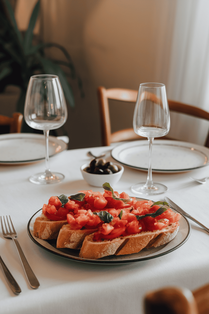 An indoor dining table with a plate of toasted baguette slices topped with diced tomatoes, basil, and a glisten of olive oil. Subtle evening lighting, no text or logos. Photo, not illustration.
