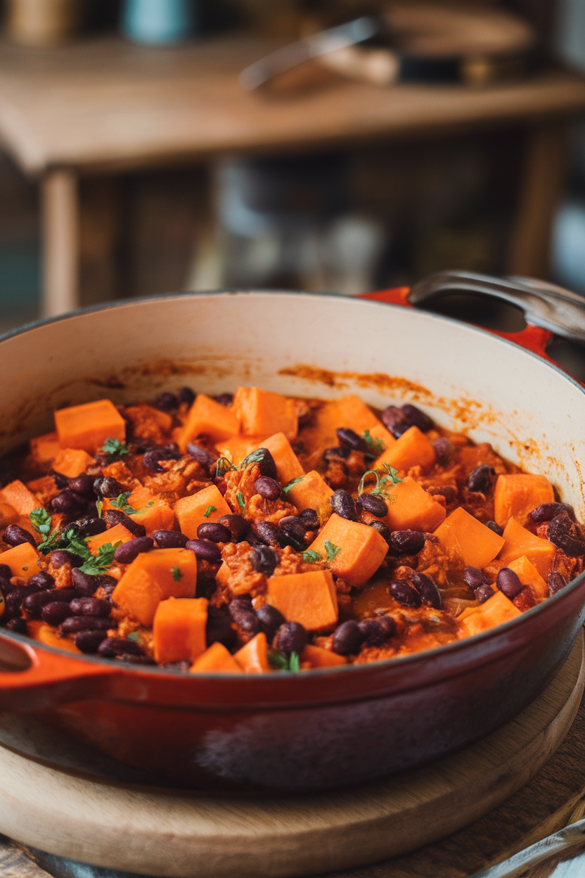 Indoor photo of vibrant orange sweet potato chunks and black beans in a smoky red chili sauce in a Dutch oven. No logos or text.