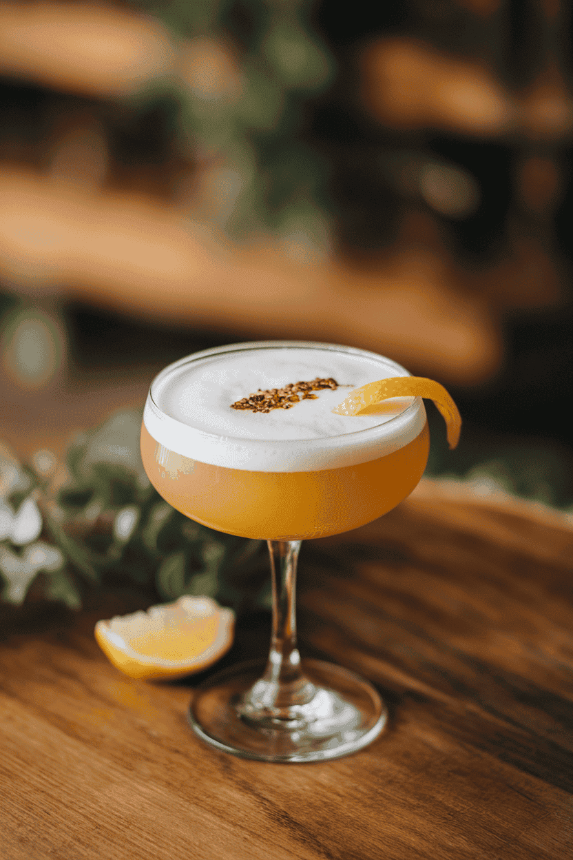 Photo, indoors, coupe glass with frothy whiskey sour, dash of aromatic bitters on foam, lemon twist nearby. No text or logos.