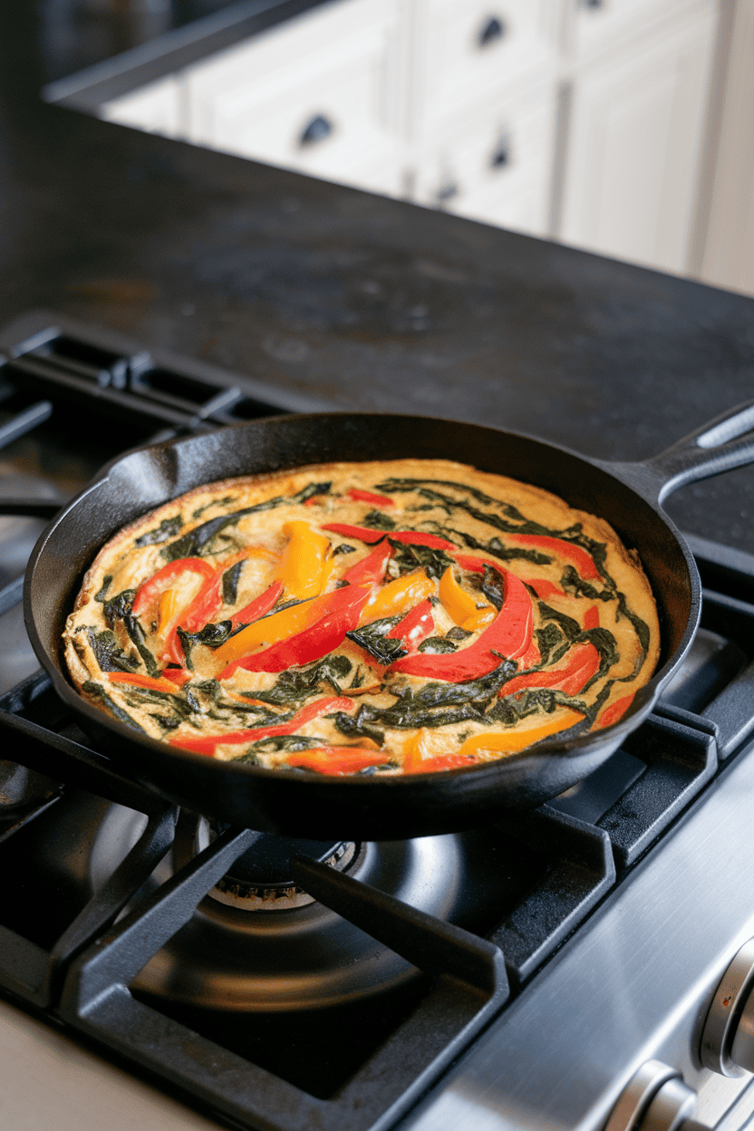 Photo, indoor cast-iron skillet on stovetop, a colorful frittata studded with bell peppers and spinach, golden edges visible; no text or logos anywhere.