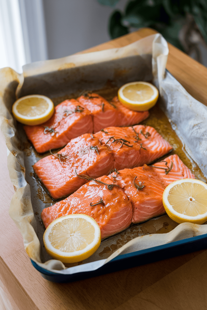 Indoor dining table showing a parchment-lined baking dish of cooked salmon fillets brushed with glossy honey-garlic glaze and garnished with lemon slices; no raw fish, no text or logos, clearly a photo.