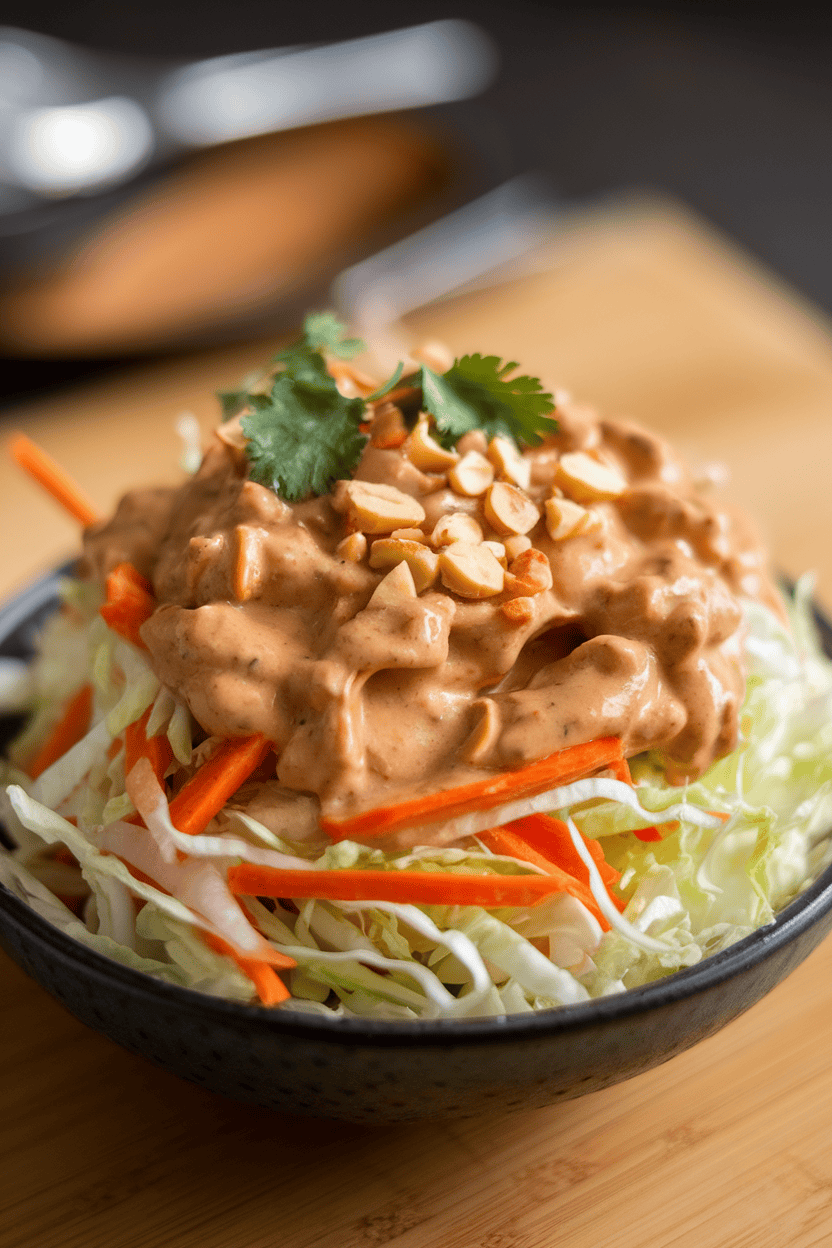 Indoor plate of shredded cabbage and carrots coated in peanut dressing, sprinkled with chopped peanuts and cilantro. Photo only, no text or logos.