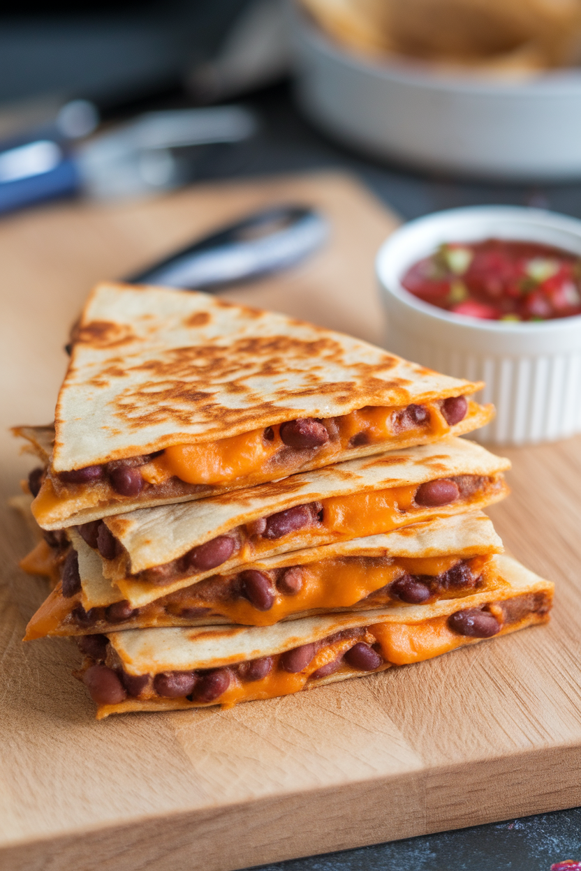 An indoor photo of a cutting board holding triangular wedges of golden bean and cheese quesadilla, melted cheddar oozing slightly from the sides. A small ramekin of salsa sits beside the stack; no text or logos in view.