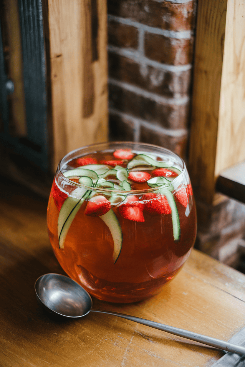 Photo, indoors, a punch bowl brimming with amber liquid, cucumber ribbons and strawberry halves floating, ladle resting nearby. No text or logos.