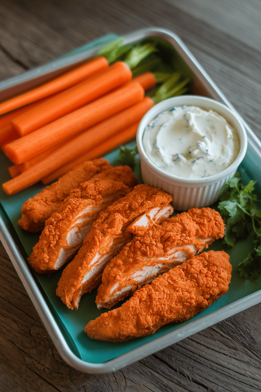 An indoor lunch tray with baked buffalo chicken strips, fresh carrot sticks, and a small cup of creamy blue cheese dip; no text or logos; photo only.