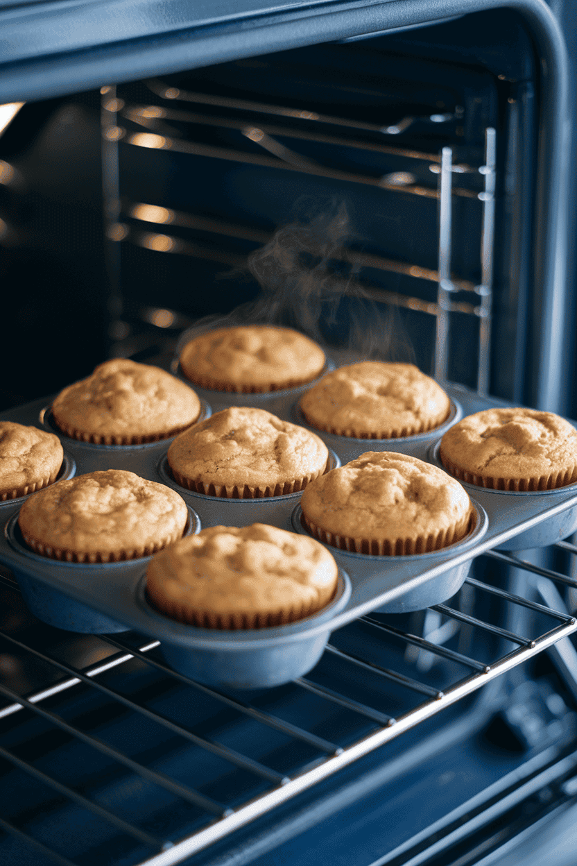 Indoor oven rack slide-out displaying a mini muffin tin filled with golden banana bread muffins, steam rising. No text or logos, photo only.
