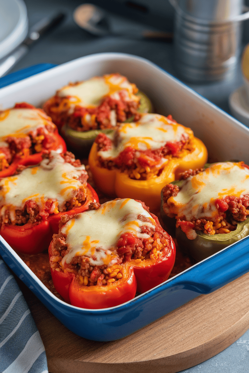 An indoor baking dish holding colorful bell peppers filled with rice, ground beef, and tomato sauce, cheese melted on top, no branding present.