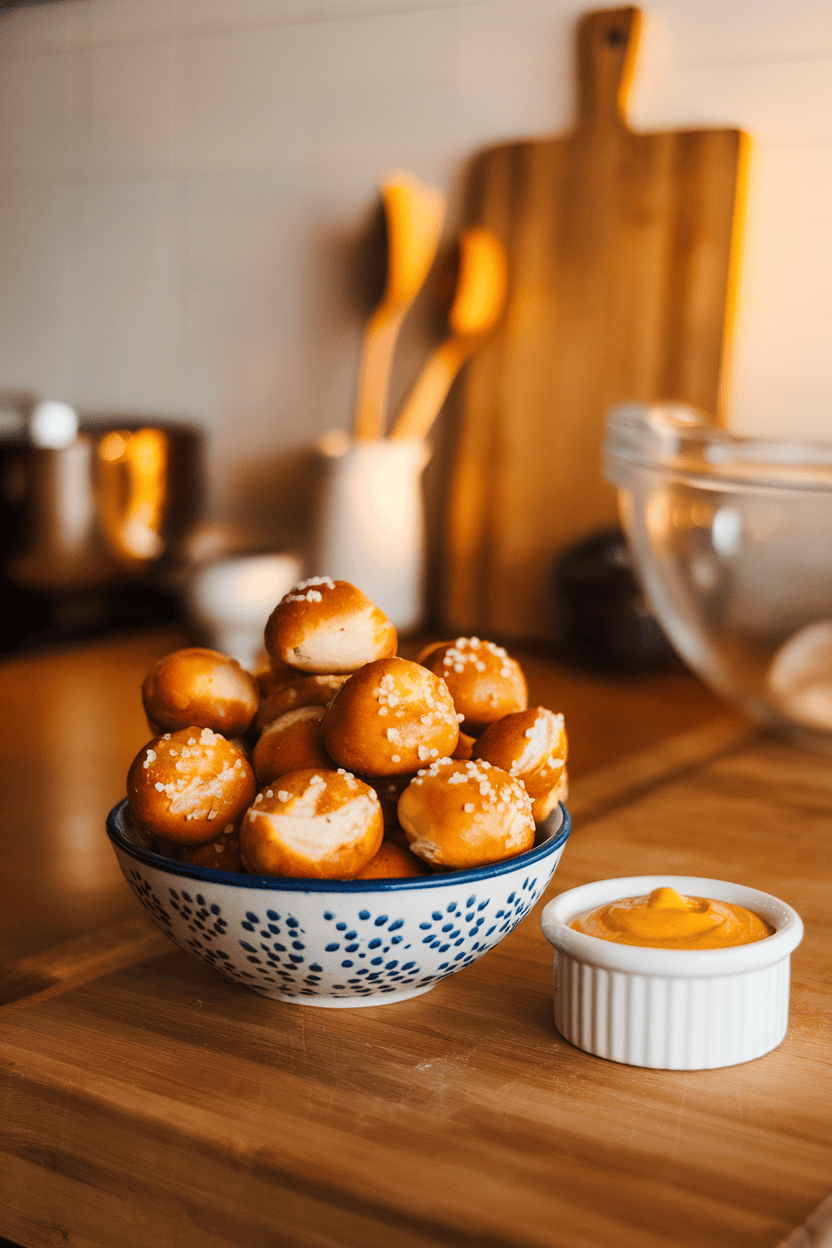 An indoor kitchen island with a bowl of golden, salted mini soft-pretzel bites accompanied by a small ramekin of yellow mustard. No text or logos on serveware. Photo, not illustration.