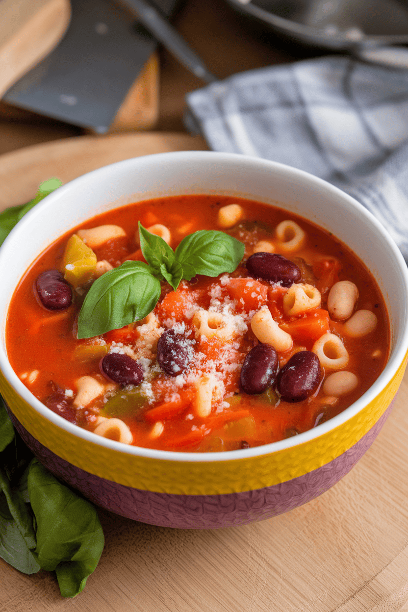 Indoor photo of a colorful bowl of minestrone soup featuring ditalini pasta, kidney beans, and diced vegetables in tomato broth. No logos in view.