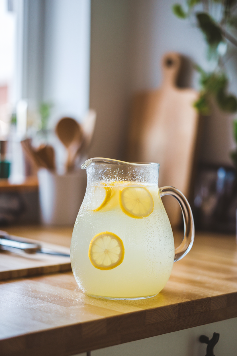 Indoor kitchen counter scene with a glass pitcher of pale yellow lemonade, condensation beads visible, a few lemon slices floating. No text or logos.