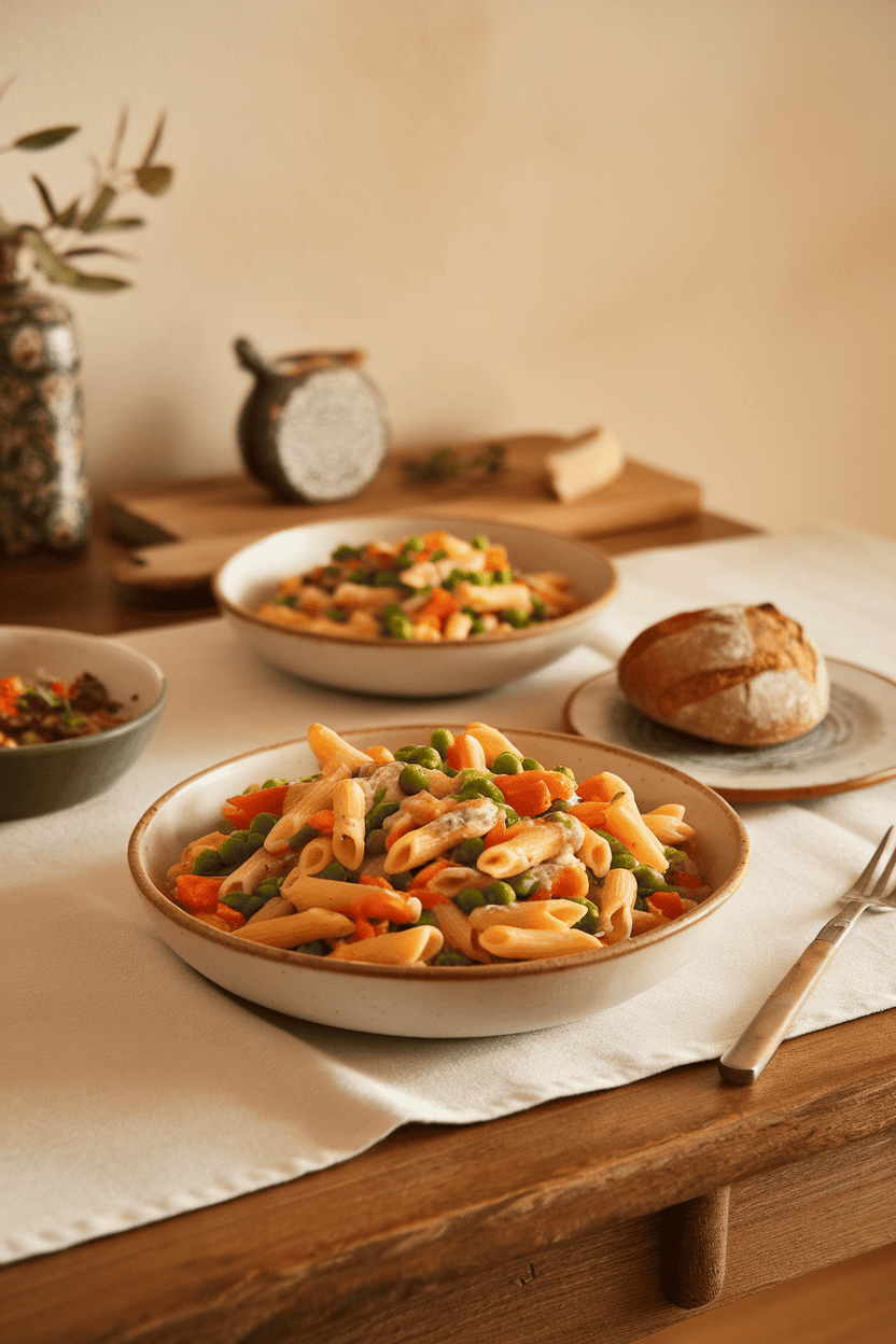 Photo indoors of a serving bowl of colorful pasta primavera—penne tossed with peas, carrots, and light cream sauce—on a wooden table; no text or logos.