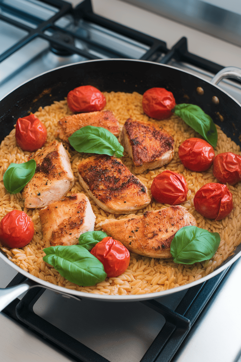 Photo of a skillet containing orzo pasta, seared chicken pieces, burst tomatoes, and fresh basil leaves; indoor stovetop; no text or logos.