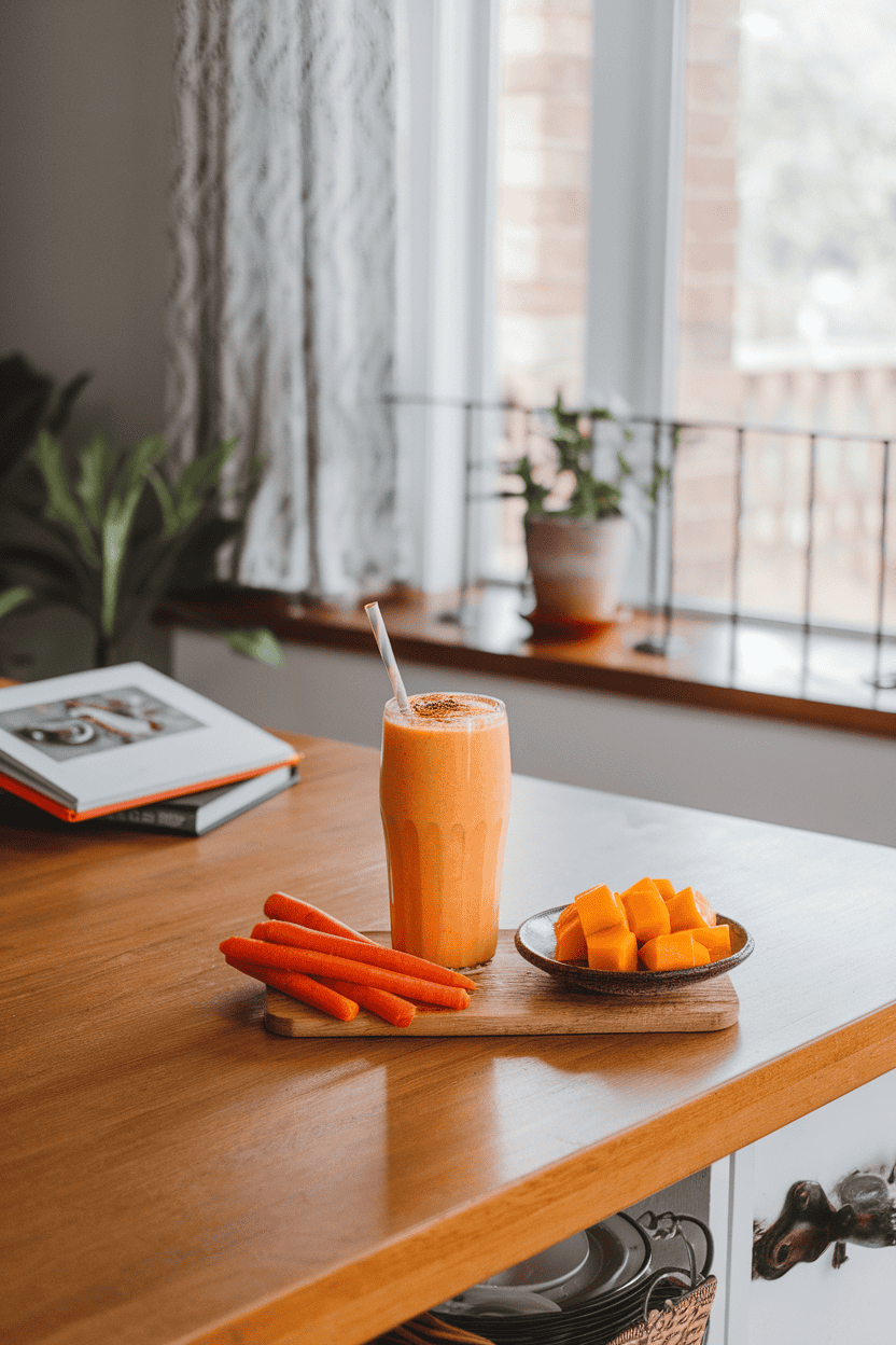 Indoor kitchen island featuring a bright orange smoothie in a classic tumbler, carrot sticks and mango cubes on a small plate. Photo, no text or logos.