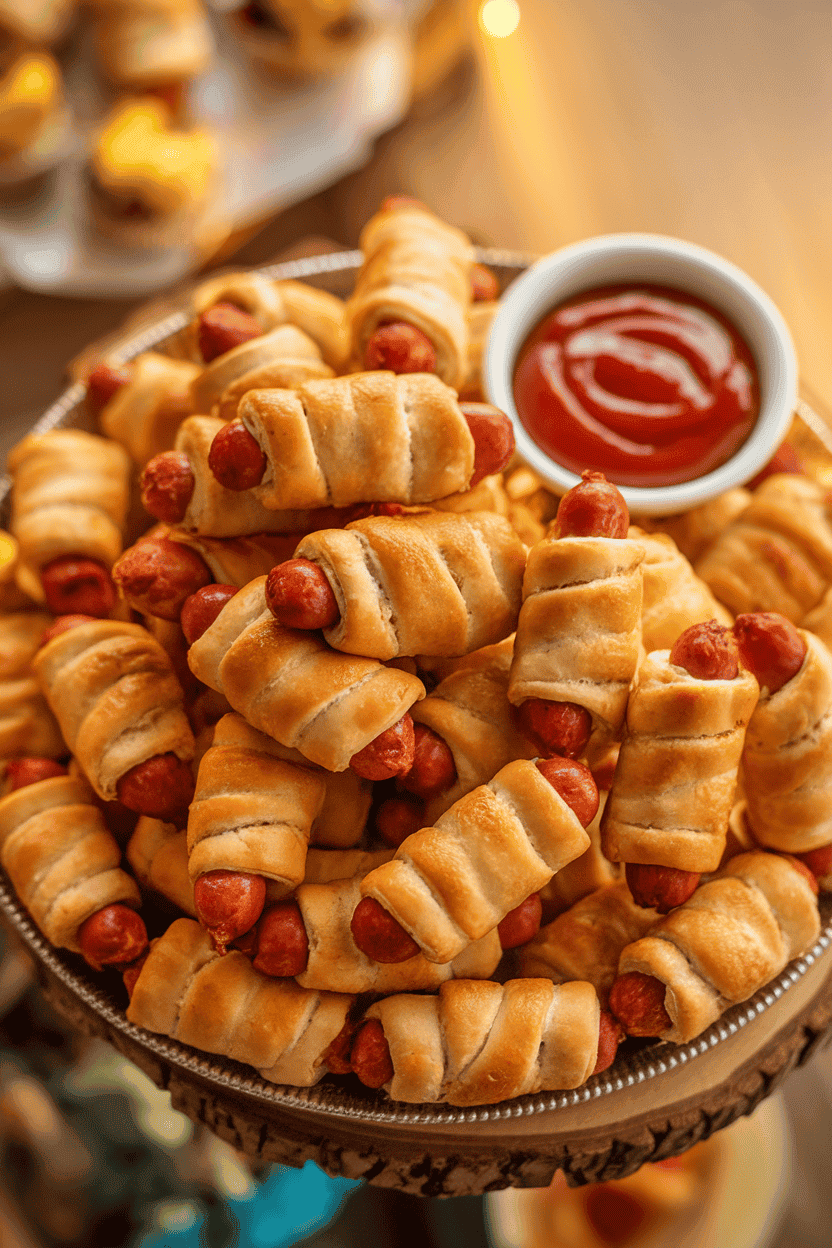 An indoor party platter piled with golden brown crescent-wrapped mini sausages, a small bowl of ketchup on the side; warm overhead lighting, no text or logos. Photo, not illustration.