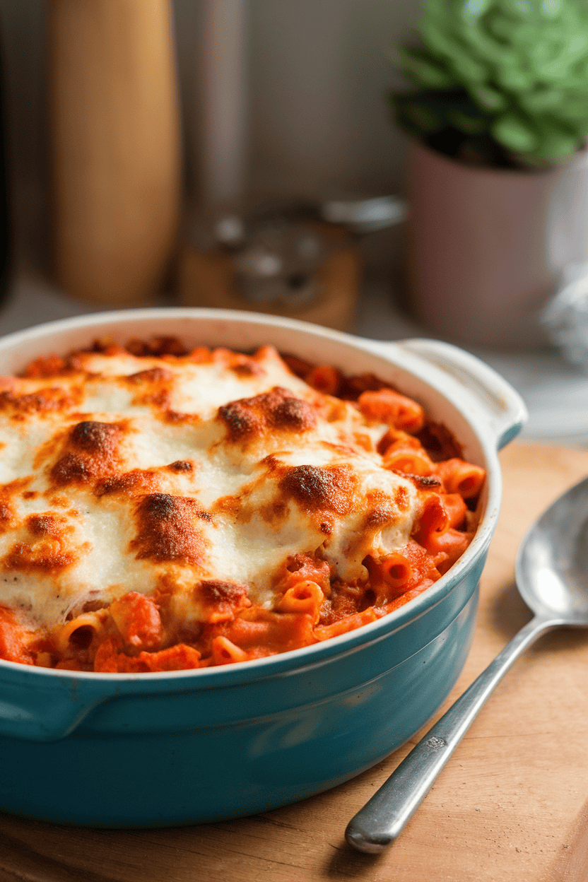 Photo indoors of a bubbling casserole dish of baked ziti with browned mozzarella top, serving spoon beside it; no text or logos.