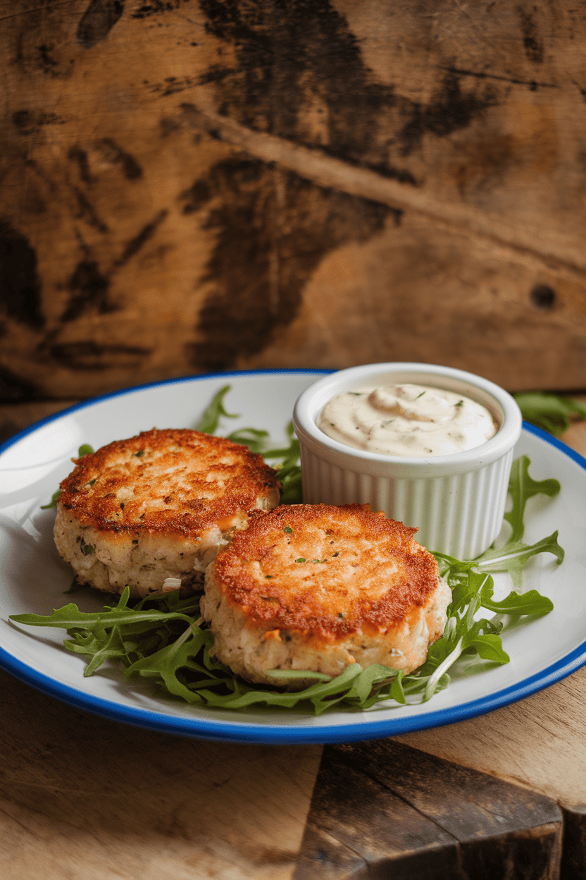 An indoor plate with two golden-brown crab cakes, a small ramekin of creamy remoulade beside them. No text or logos.