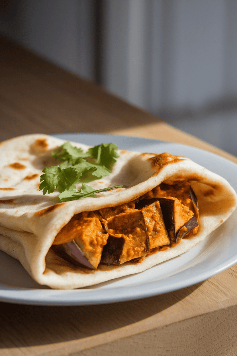 Indoor photo of a folded egg-free naan pocket stuffed with curried eggplant cubes and cilantro garnish. Soft morning light, no branding.