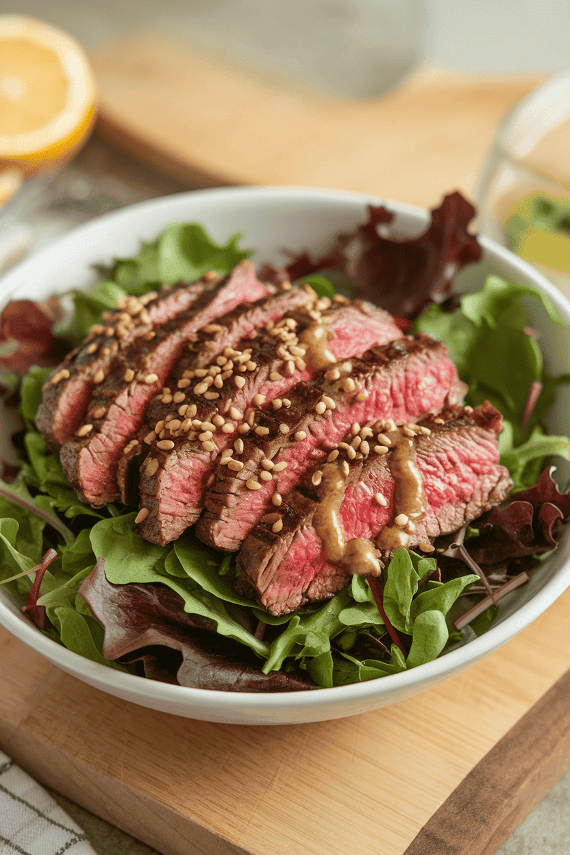 Indoor bowl of mixed greens topped with thin grilled steak slices, sesame seeds, and ginger vinaigrette drizzled lightly. Photo only, no text or logos.
