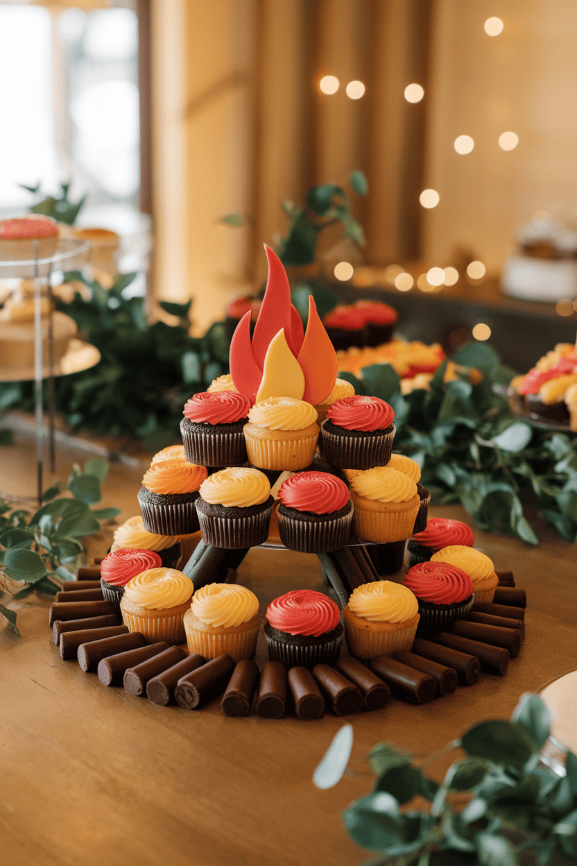 A warmly lit indoor counter displaying a pull-apart cupcake arrangement shaped like a campfire, cupcakes iced in reds, oranges, and yellows, with chocolate stick “logs” around the base. No text or logos present; photo only.