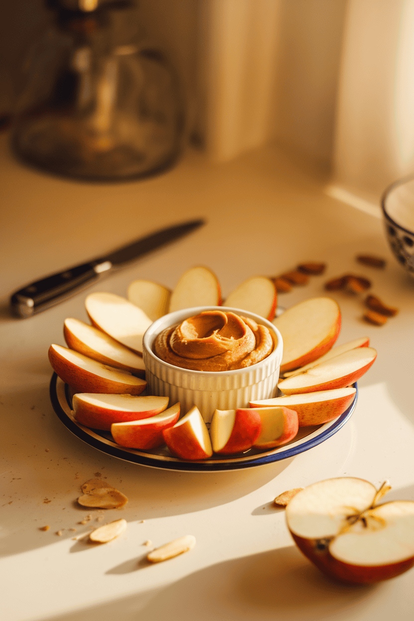 A warmly lit indoor countertop scene showing a small plate of crisp apple wedges fanned around a ramekin of creamy almond butter, scattered almond pieces nearby. No text or logos anywhere in the image. Photo, not illustration.