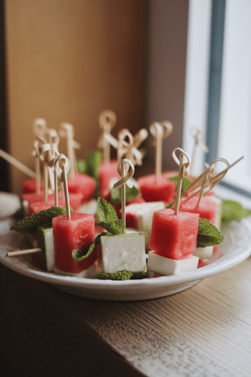 Indoor photo of a white ceramic plate holding colorful watermelon and feta cubes threaded on short wooden skewers, mint leaves tucked between pieces. Soft daylight from a nearby window, no text or logos anywhere.