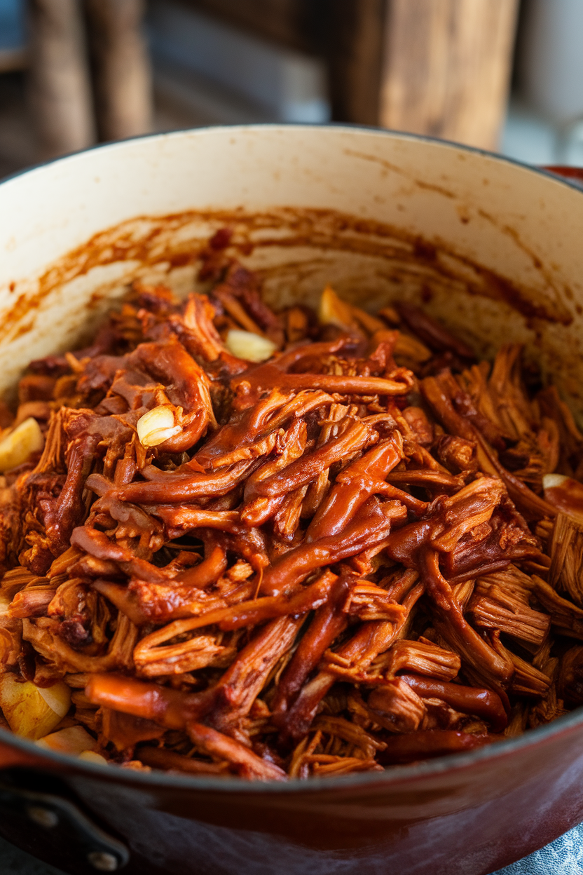 Indoor photo of shredded barbecue jackfruit in a Dutch oven, sauce clinging to each strand. No text or branding.