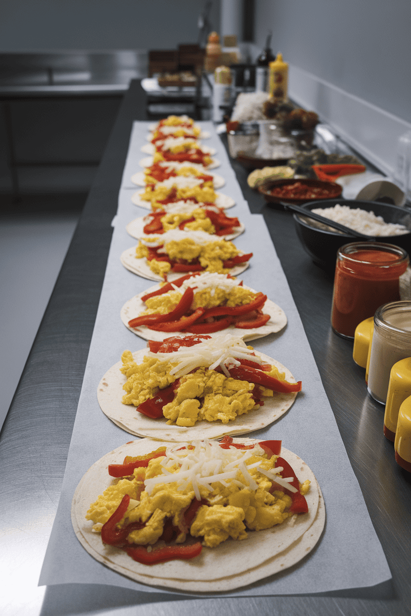 Indoor countertop lined with flour tortillas filled with scrambled eggs, sautéed peppers, and shredded cheese, ready for rolling. No logos or text, even lighting. Photo only.