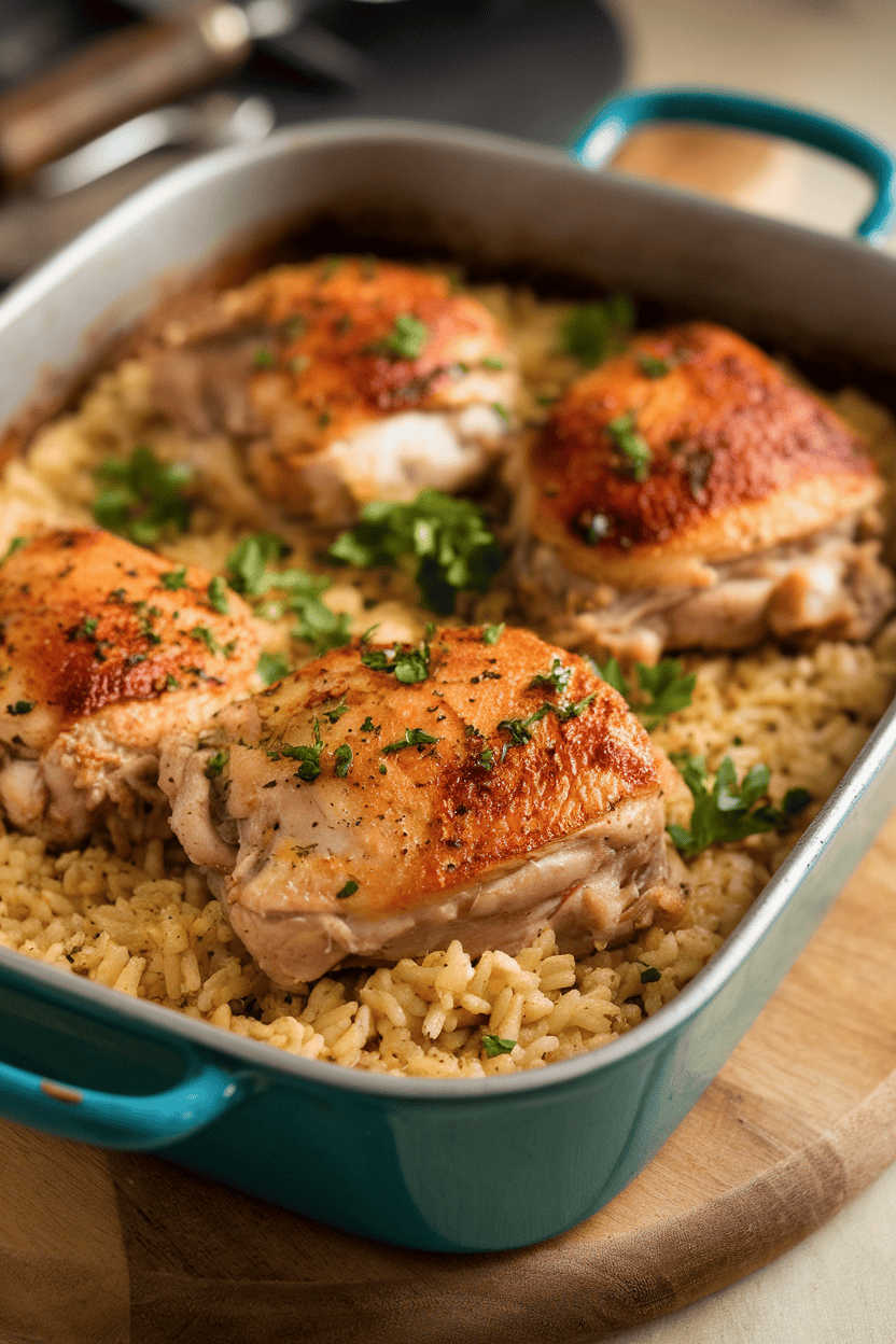 Indoor photo of a casserole dish showing baked chicken thighs nestled in seasoned rice, parsley sprinkled on top. No text or logos.