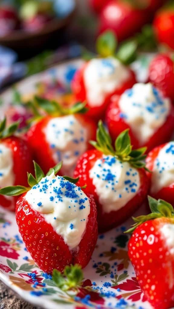 A plate of strawberries stuffed with cream cheese and topped with blue sprinkles.