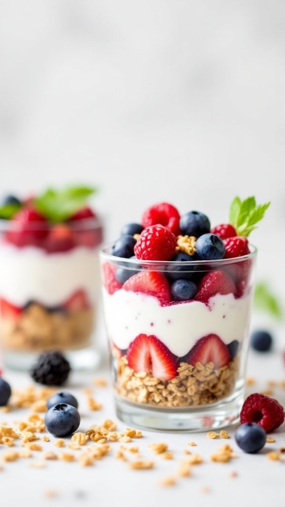 A delicious berry parfait with layers of strawberries, blueberries, yogurt, and granola.